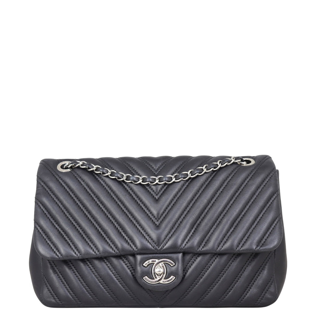 Chanel Chevron Double Stitch Single Flap Jumbo Front