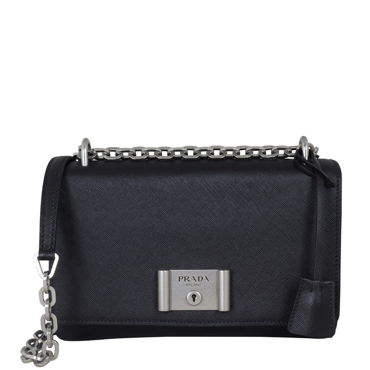 Prada Saffiano Lux Chain Lock Flap Bag  Front Showing Strap