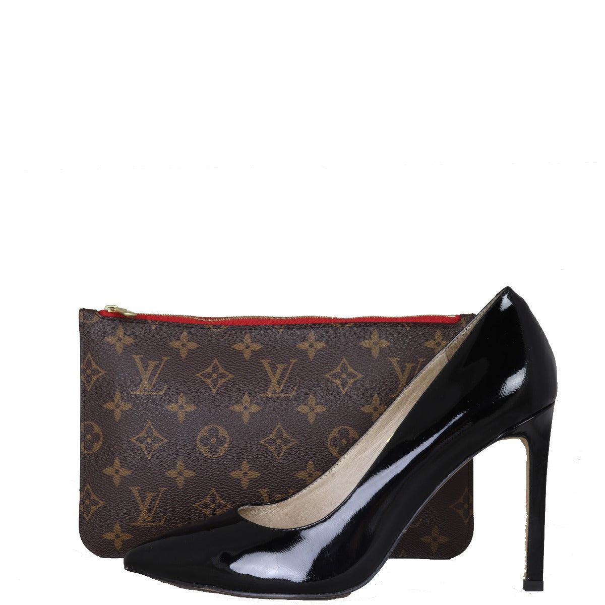 Louis Vuitton Neverfull Pochette Monogram Front with Shoe