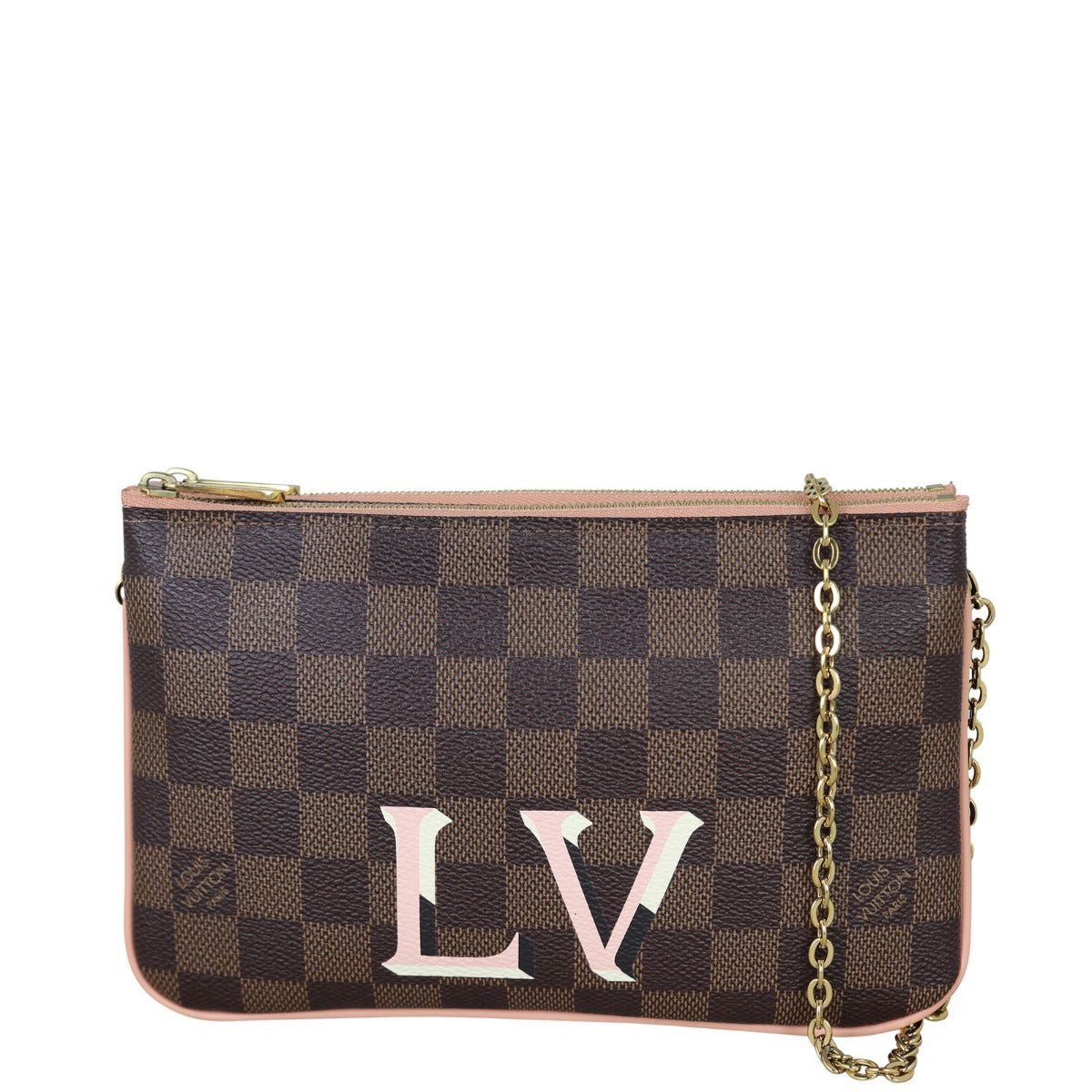Louis Vuitton Double Zip Pochette Damier Ebene Front With Chain