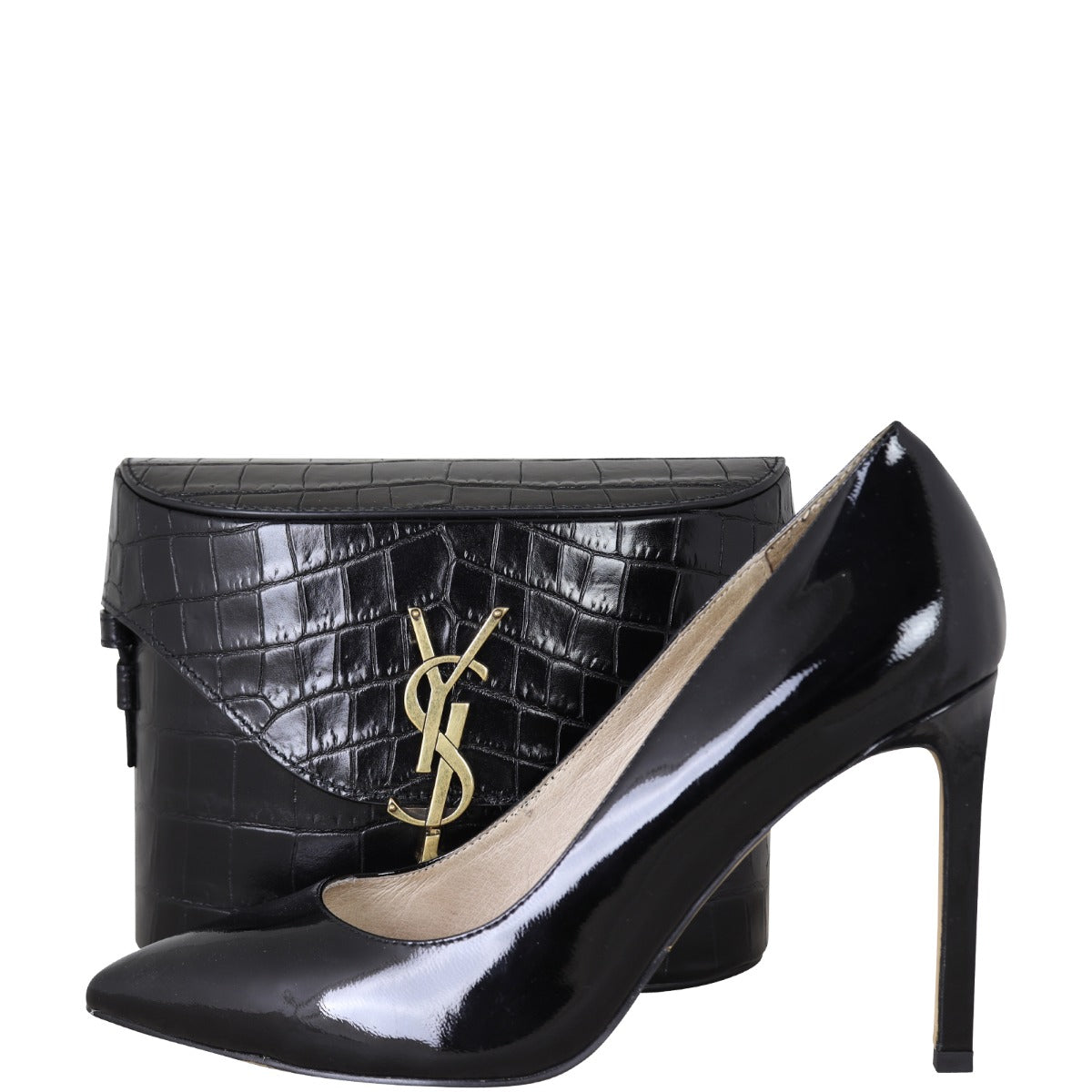 Saint Laurent June Box Bag Croc Embossed Front with Shoe