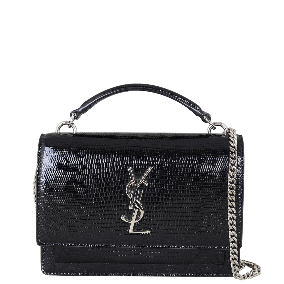 Saint Laurent Sunset Chain Wallet Lizard Embossed Front With Chain