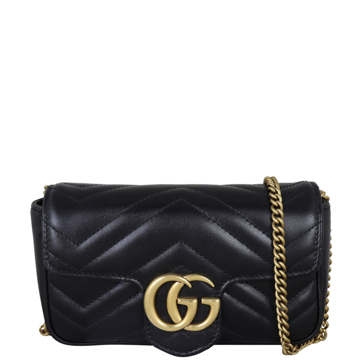 Gucci GG Marmont Matelasse Super Mini Shoulder Bag Front With Chain