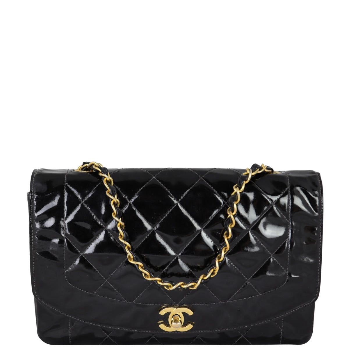Chanel Quilted Diana Patent Flap Bag Front With Chain