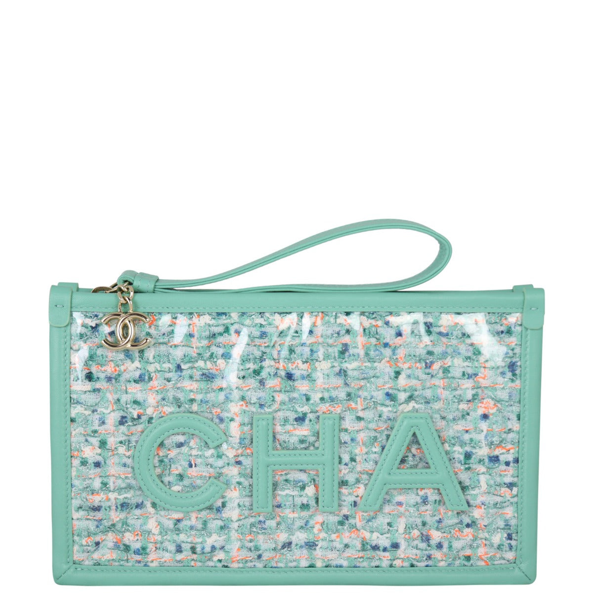 Chanel Logo Tweed Clutch Front