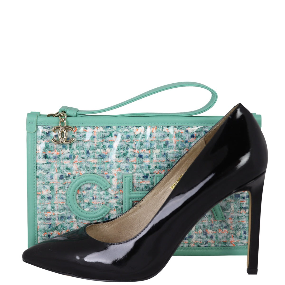 Chanel Logo Tweed Clutch Shoe