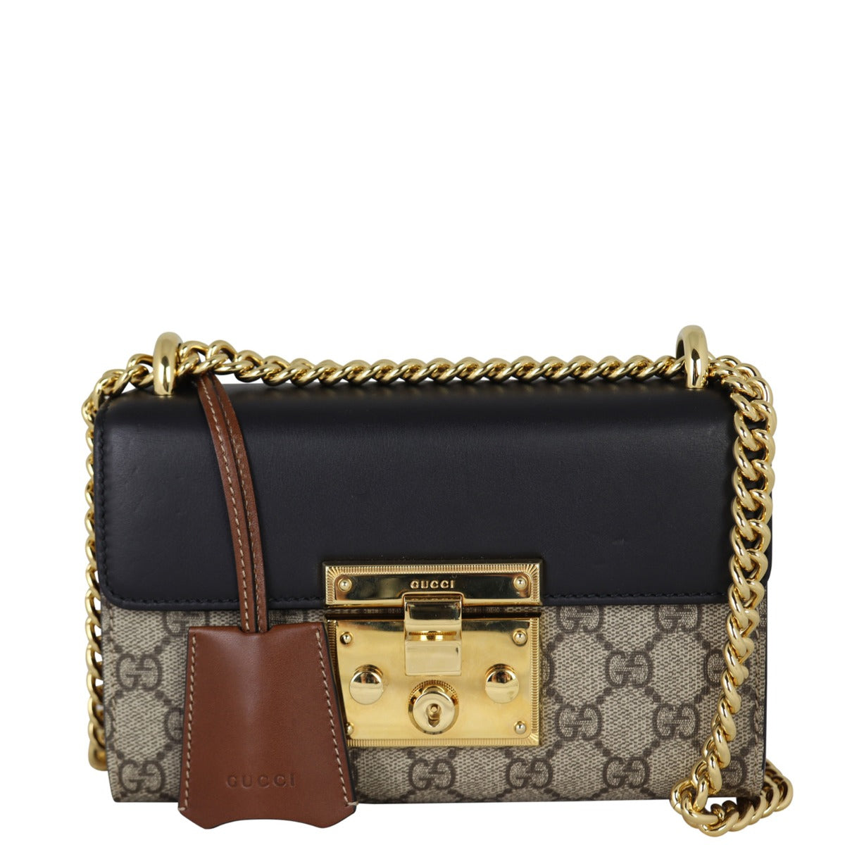 Gucci GG Supreme Padlock Small Shoulder Bag Front With Chain