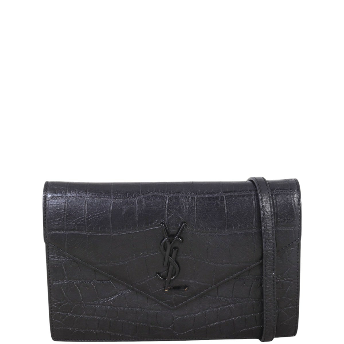 Saint Laurent Monogram Envelope Chain Wallet Croc-embossed