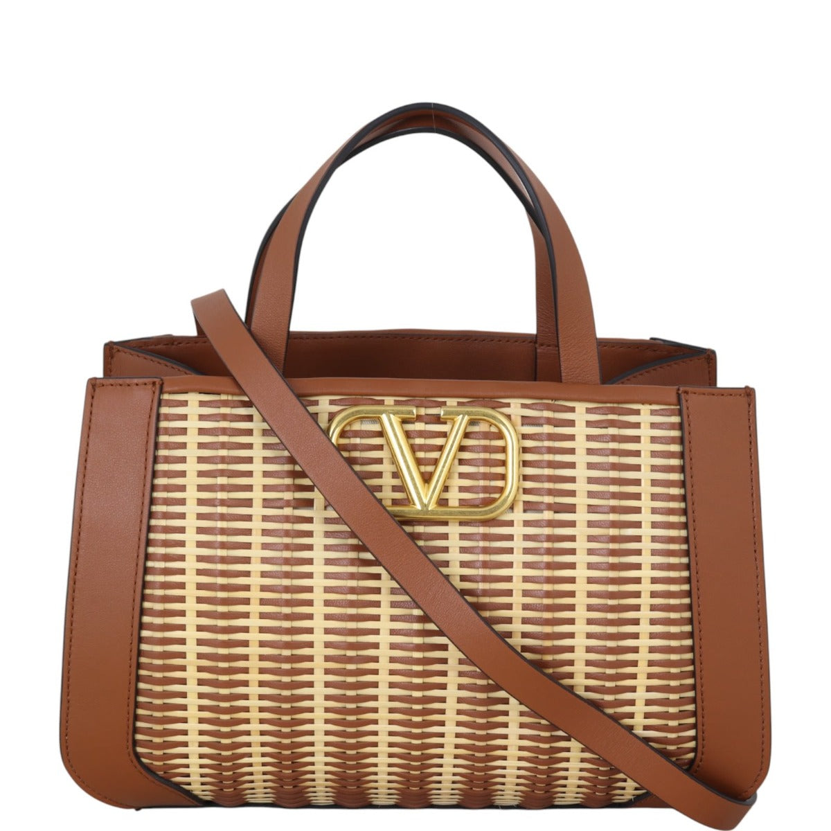 Valentino VLogo Plaque Top Handle Straw Bag