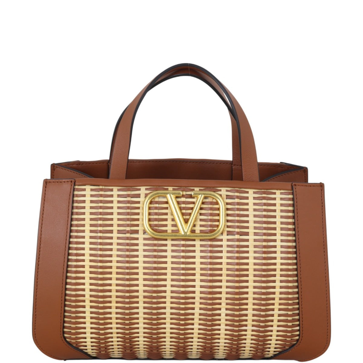 Valentino VLogo Plaque Top Handle Straw Bag