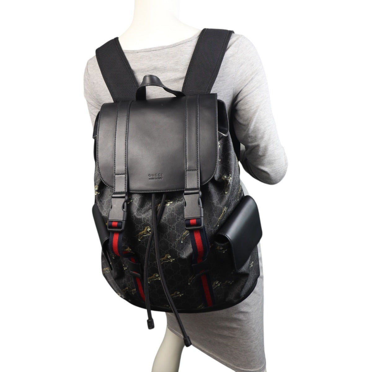 Gucci GG Supreme Double Buckle Backpack