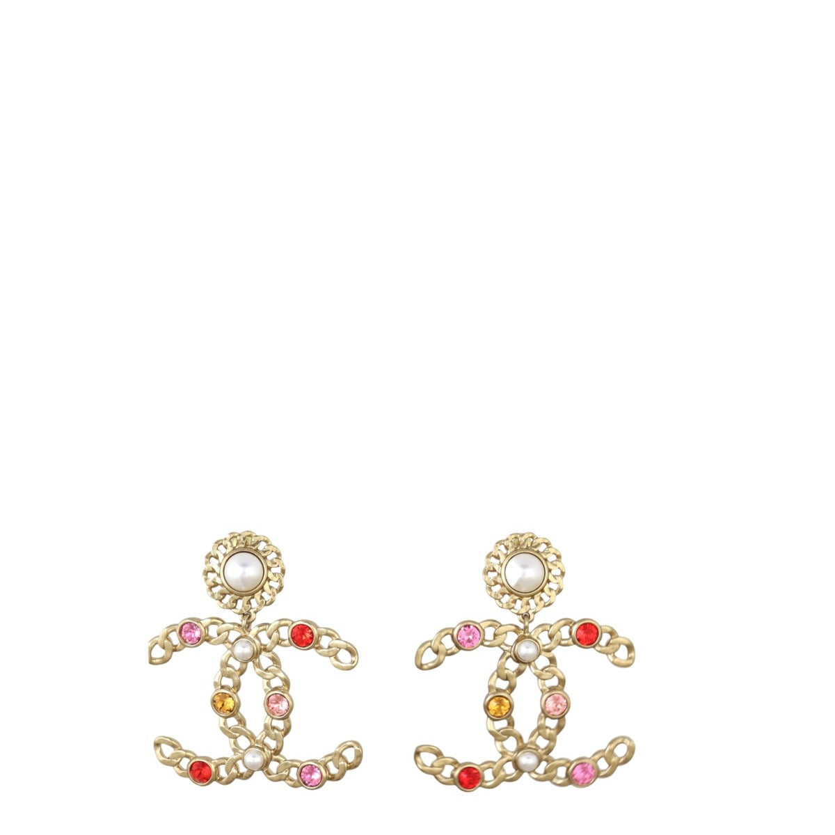 Chanel CC Pearl Crystal Chain Drop Earrings