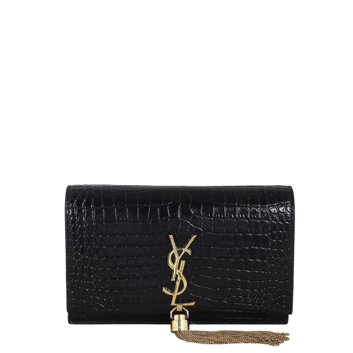 Saint Laurent Kate Tassel Chain Wallet Croc-Embossed