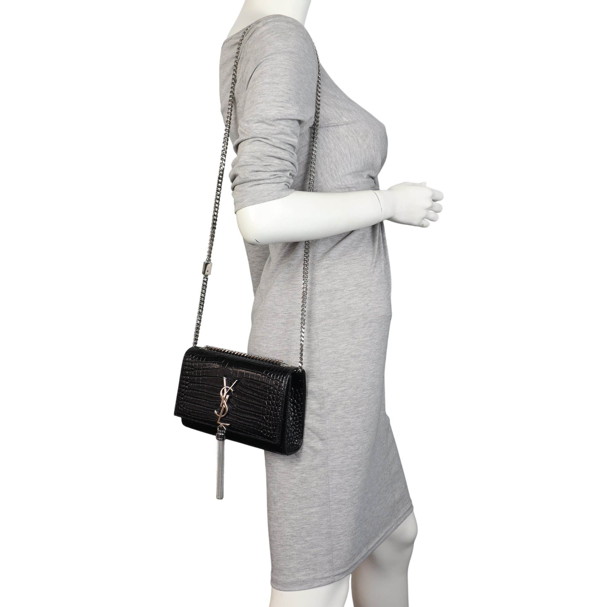 Saint Laurent Kate Tassel Chain Bag Small Croc-Embossed