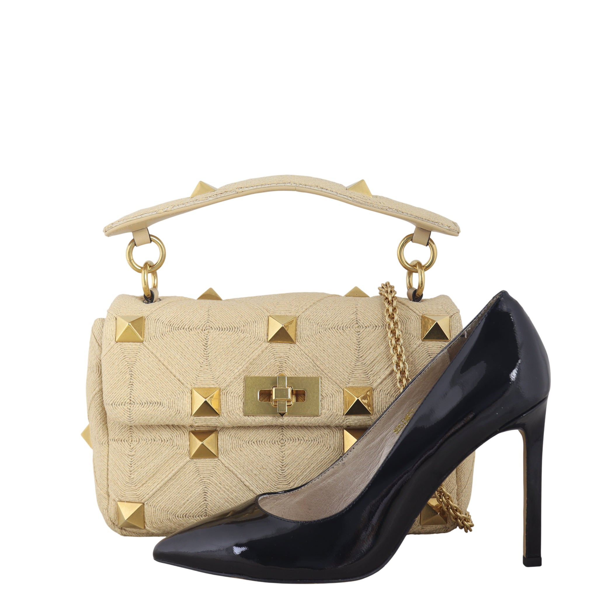 Valentino Roman Stud Shoulder Raffia Bag Medium