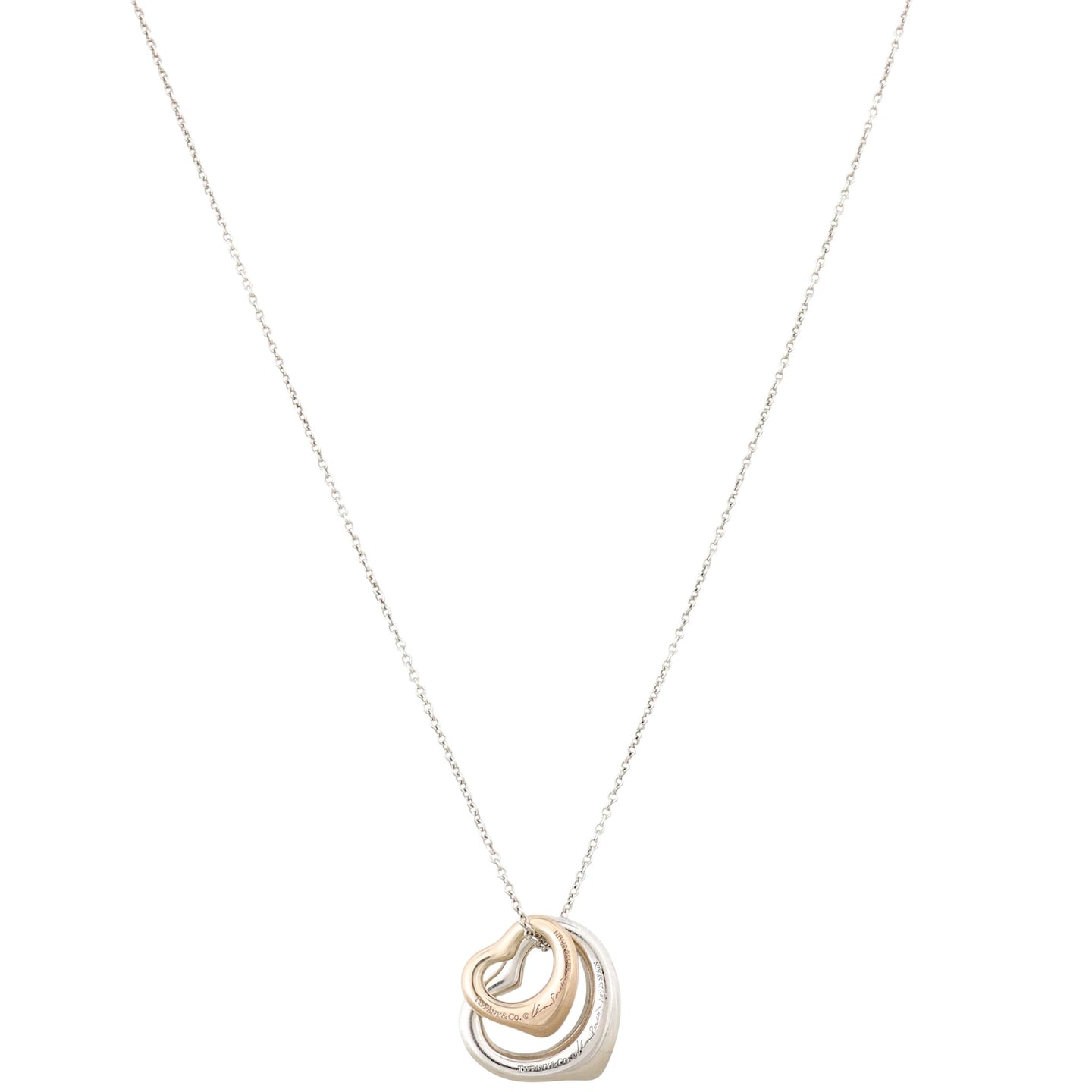 Tiffany & Co Elsa Peretti Double Open Heart Sterling Silver 18k Rose Gold Pendant Necklace