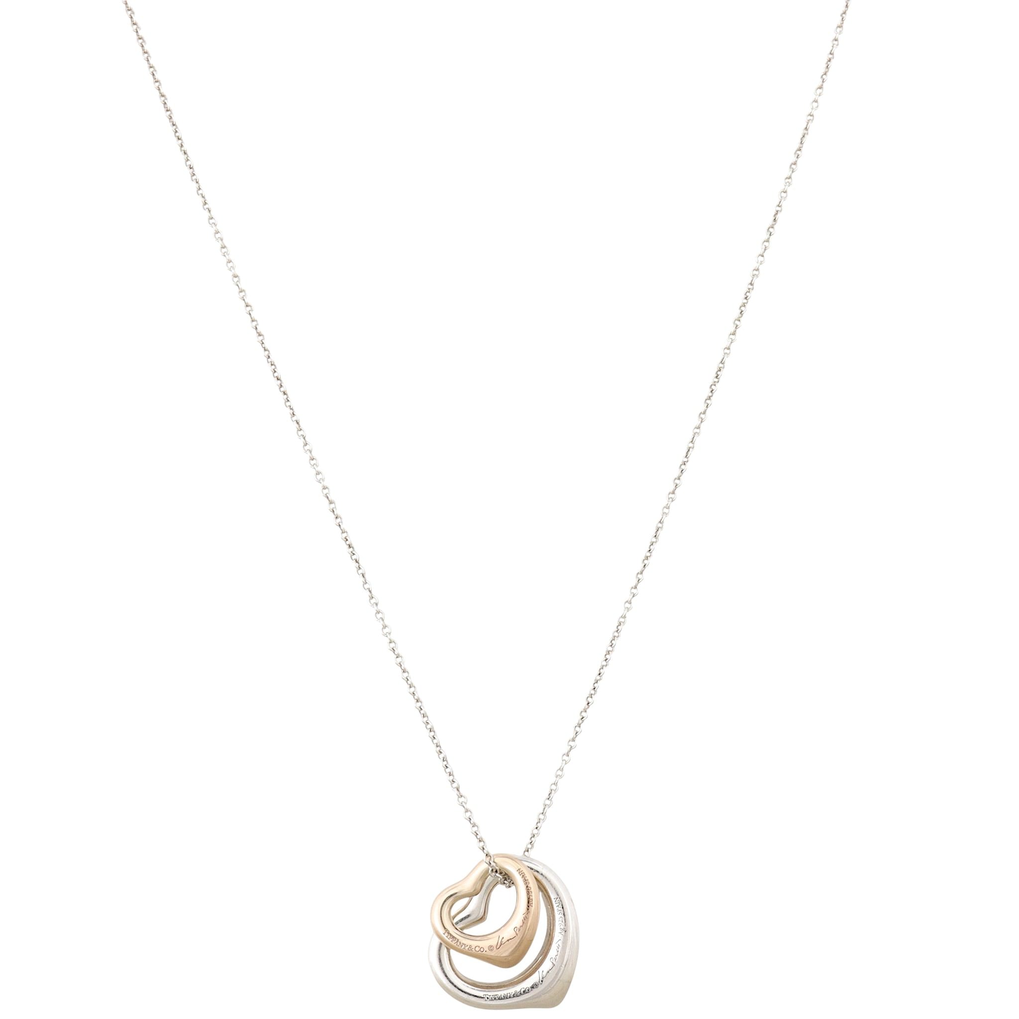 Tiffany & Co Elsa Peretti Double Open Heart Sterling Silver 18k Rose Gold Pendant Necklace