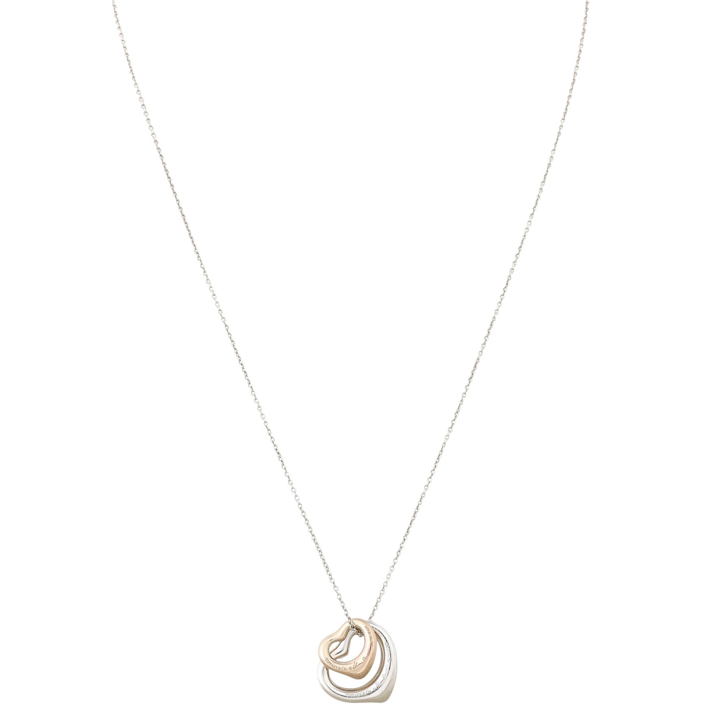 Tiffany & Co Elsa Peretti Double Open Heart Sterling Silver 18k Rose Gold Pendant Necklace