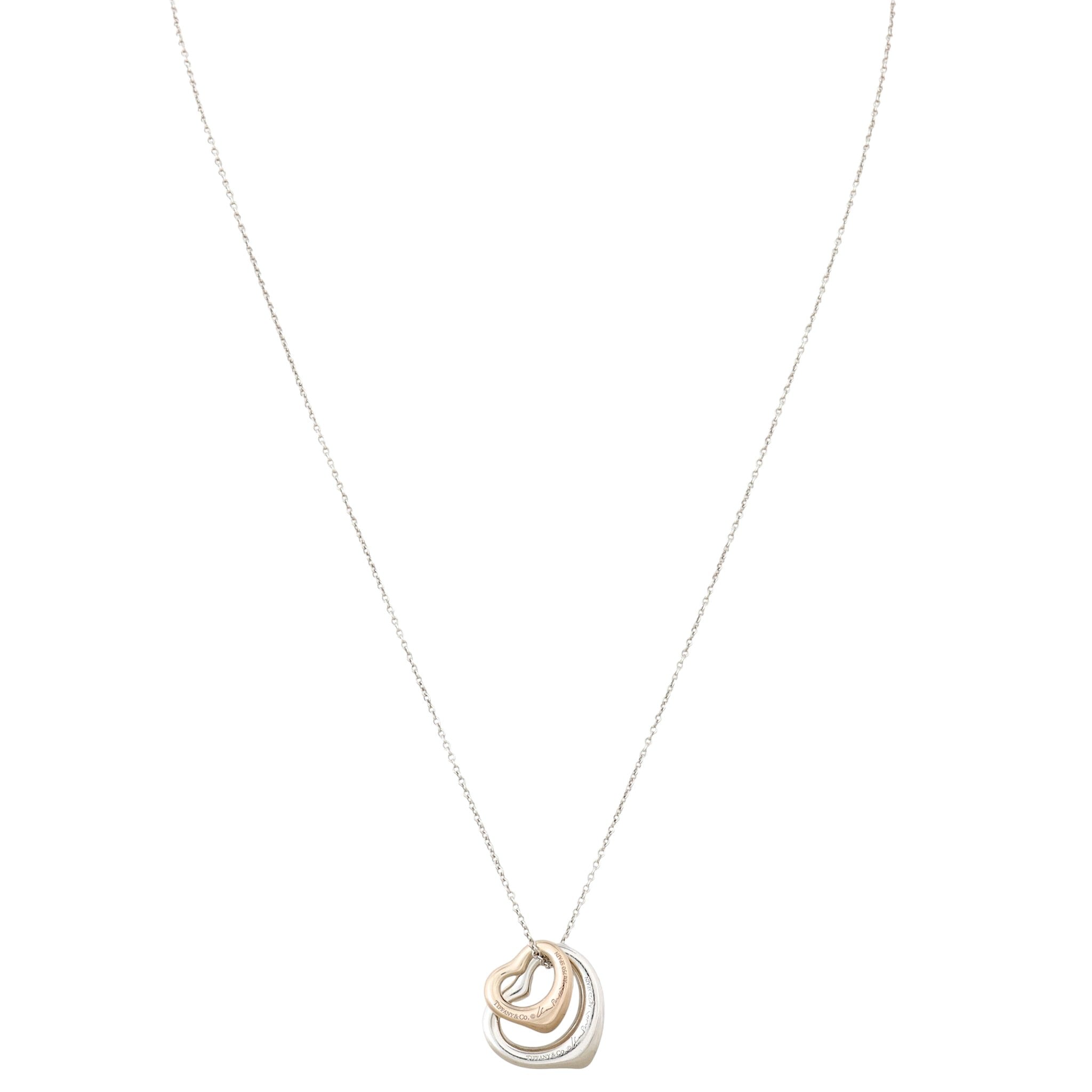Tiffany & Co Elsa Peretti Double Open Heart Sterling Silver 18k Rose Gold Pendant Necklace