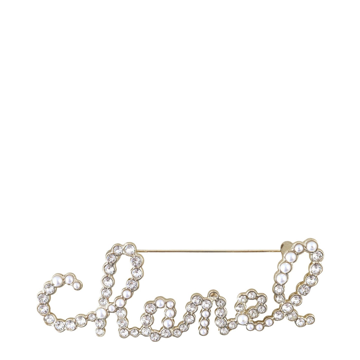 Chanel Crystal Pearl Logo Brooch