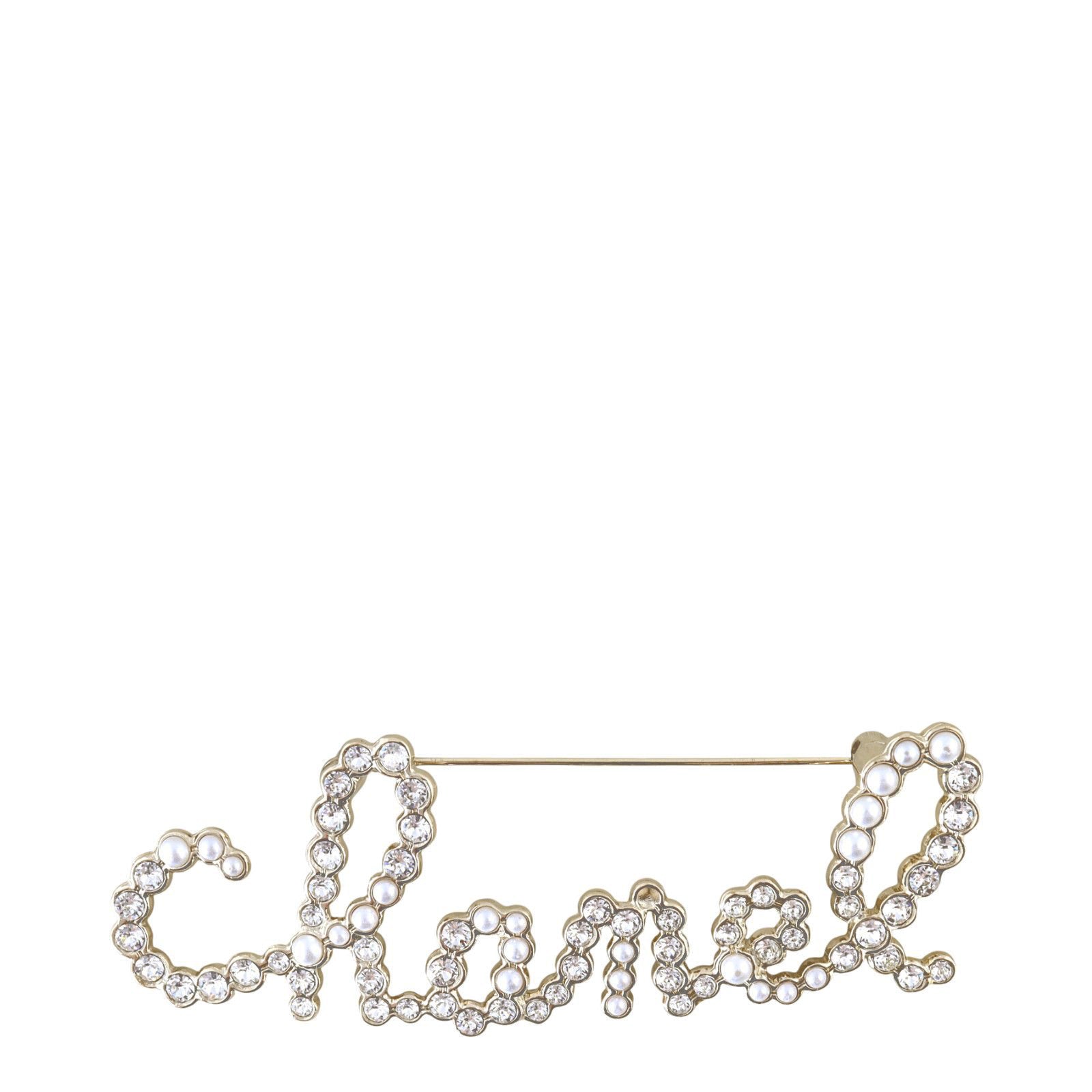 Chanel Crystal Pearl Logo Brooch