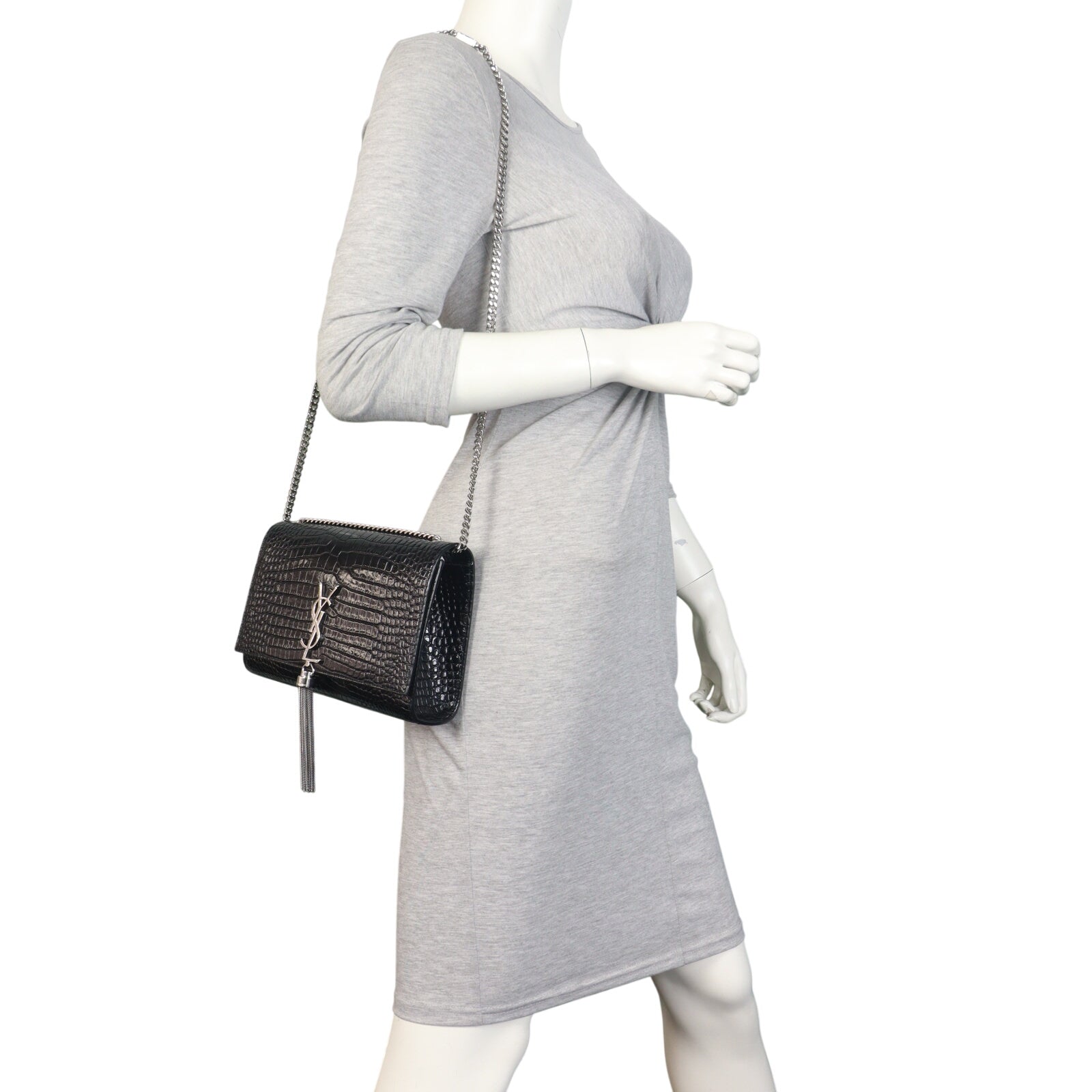 Saint Laurent Kate Tassel Chain Bag Medium Croc-Embossed