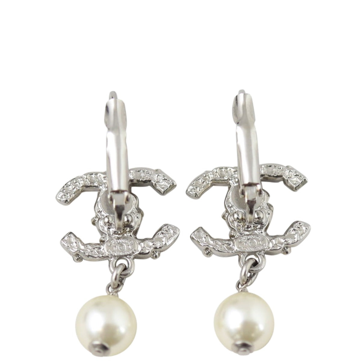Chanel CC Glass Pearl Drop Earrings Front
