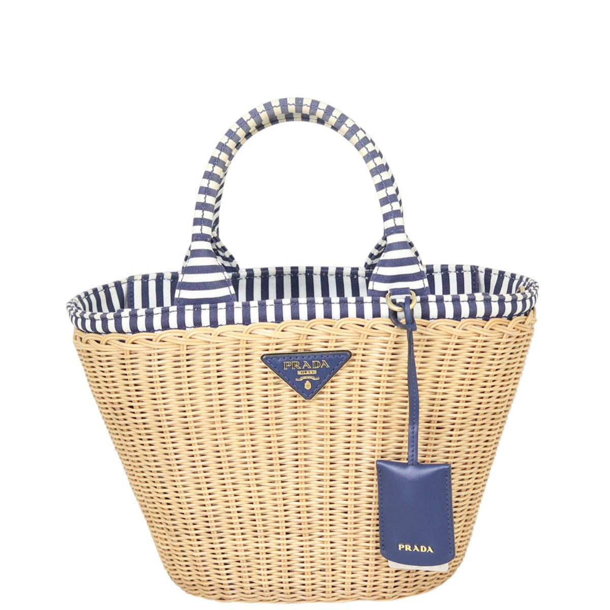 Prada Wicker and Striped Canvas Tote Front
