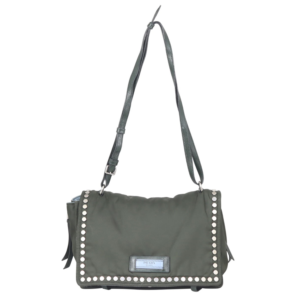 Prada Etiquette Studded Tessuto Messenger Bag Front
