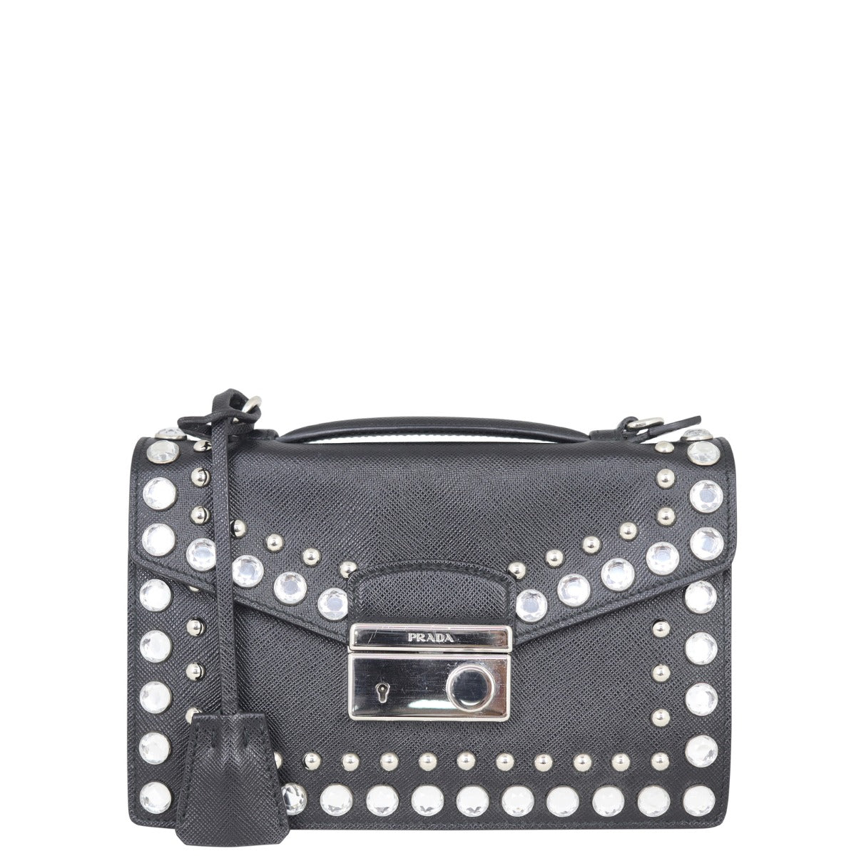 Prada Saffiano Lux Sound Crystal Studded Crossbody Front
