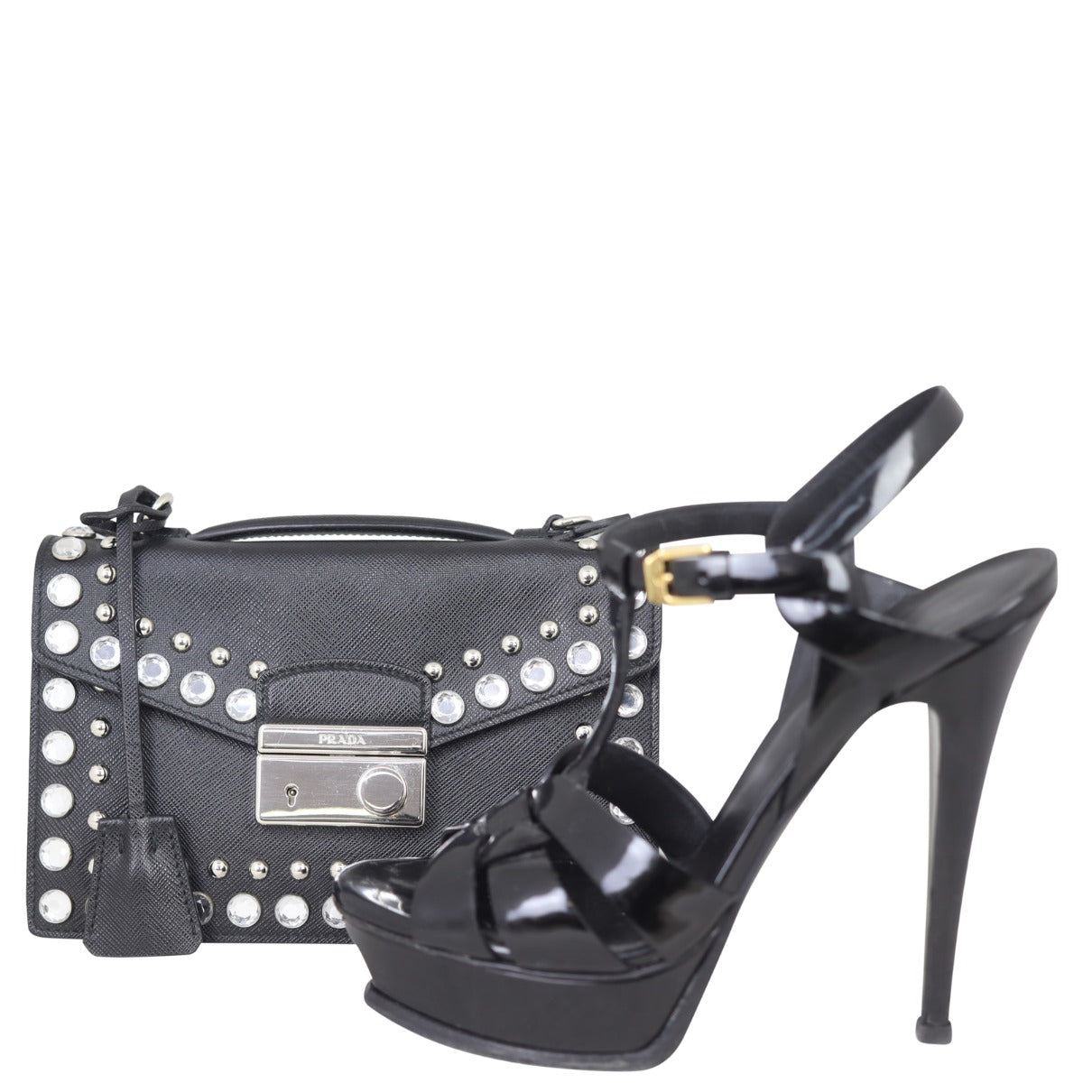 Prada Saffiano Lux Sound Crystal Studded Crossbody Shoe
