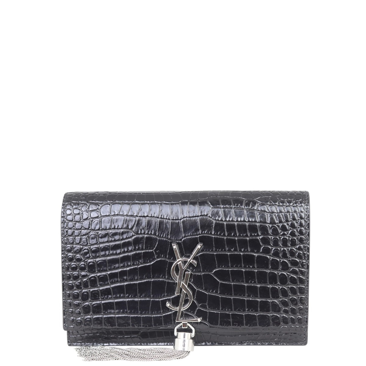 Saint Laurent Kate Tassel Chain Wallet Croc-Embossed Front
