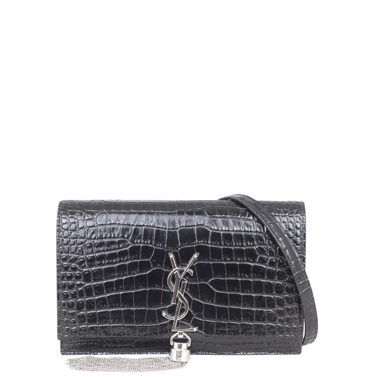 Saint Laurent Kate Tassel Chain Wallet Croc-Embossed Front
