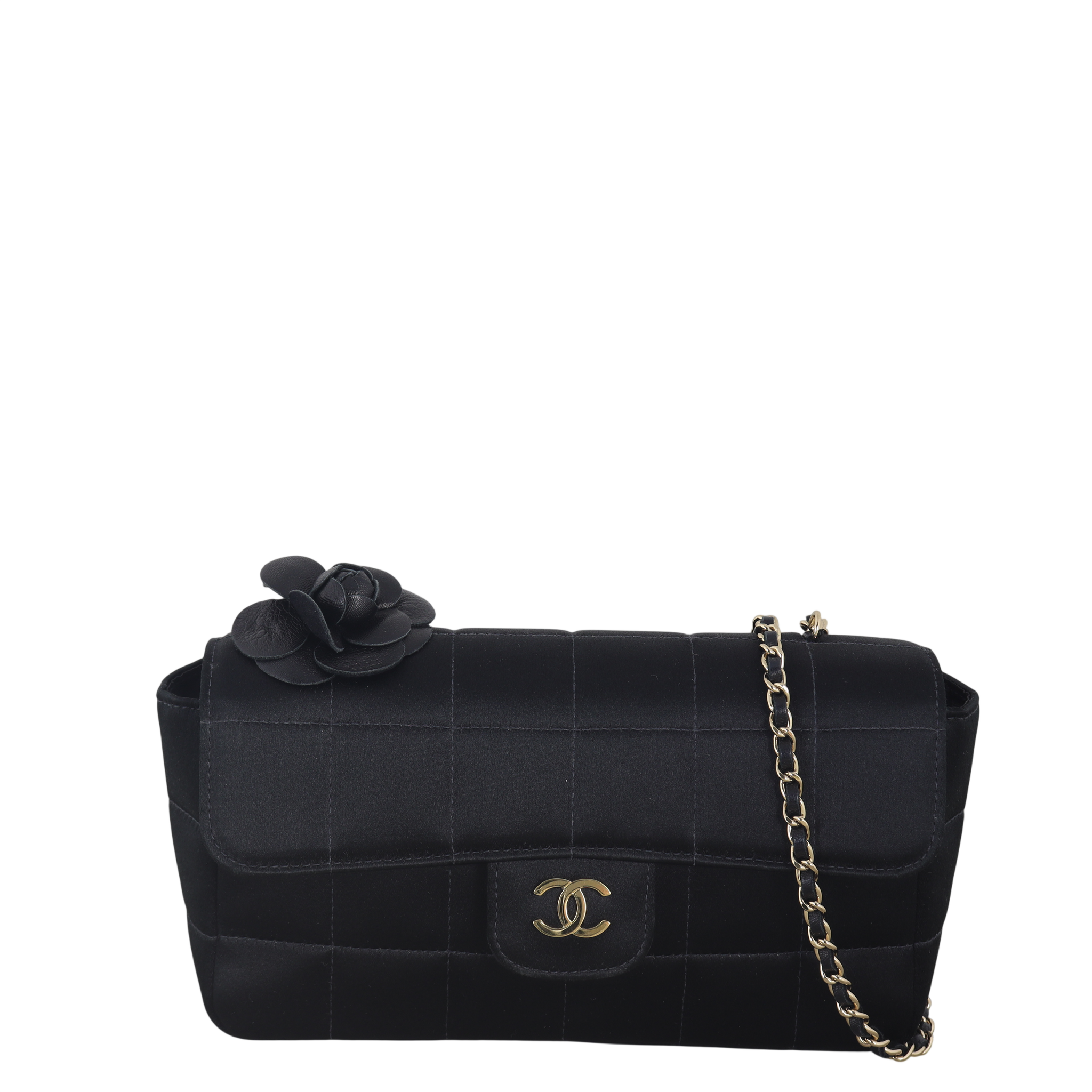 Chanel Camellia Satin Chocolate Bar Flap Bag Mini