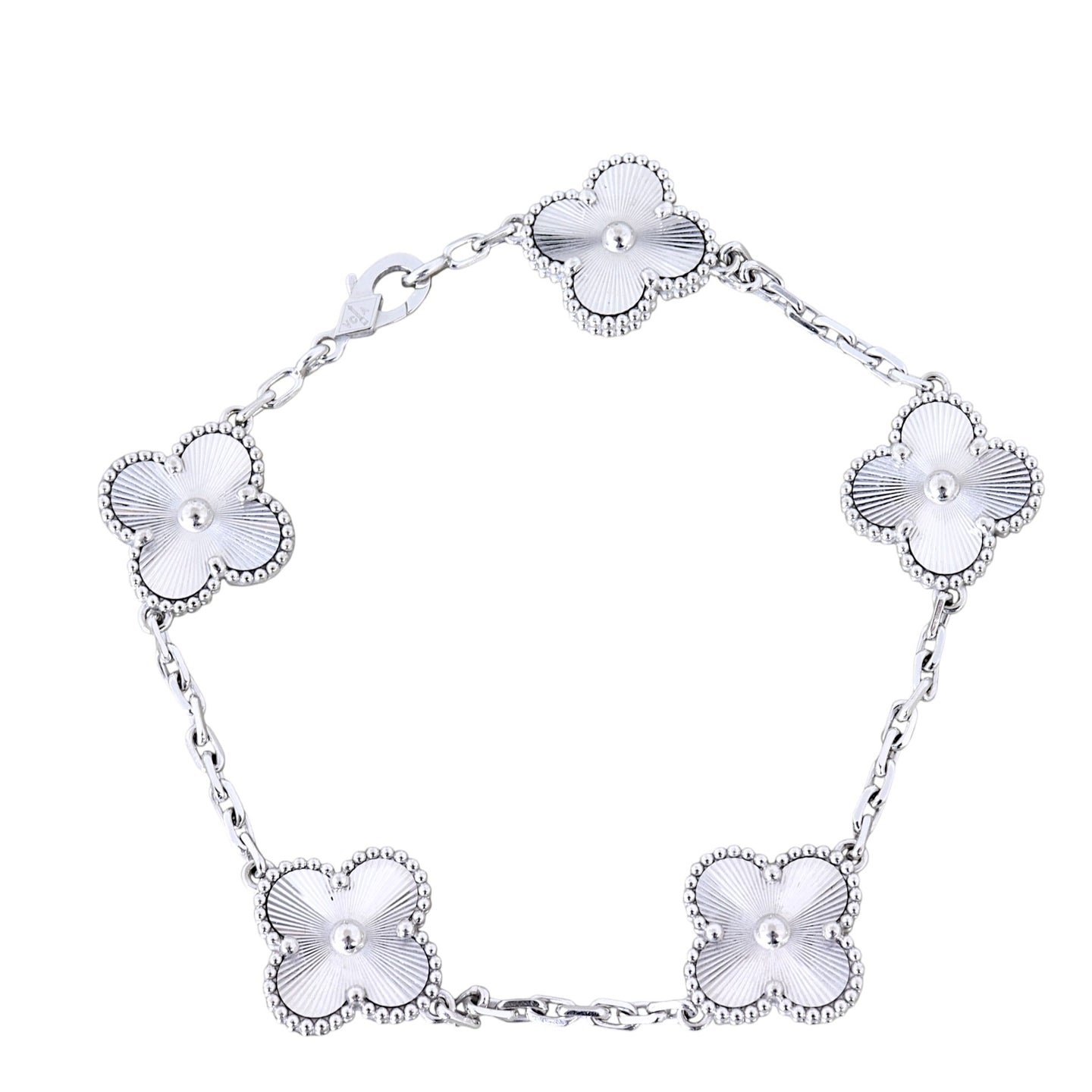 Van Cleef & Arpels Vintage Alhambra 5 Motif Guilloche 18k White Gold Bracelet