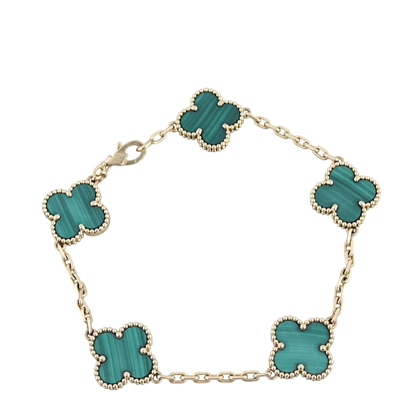 Van Cleef & Arpels Vintage Alhambra 5 Motif Malachite 18k Yellow Gold Bracelet