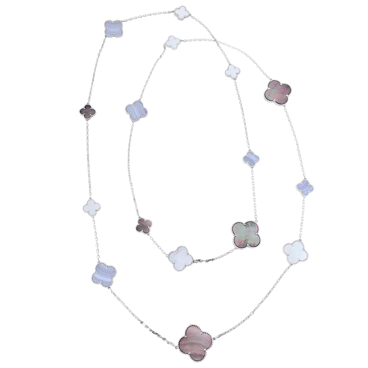 Van Cleef & Arpels Magic Alhambra 16 Motif Chalcedony & Mother of Pearl 18k White Gold Long Necklace