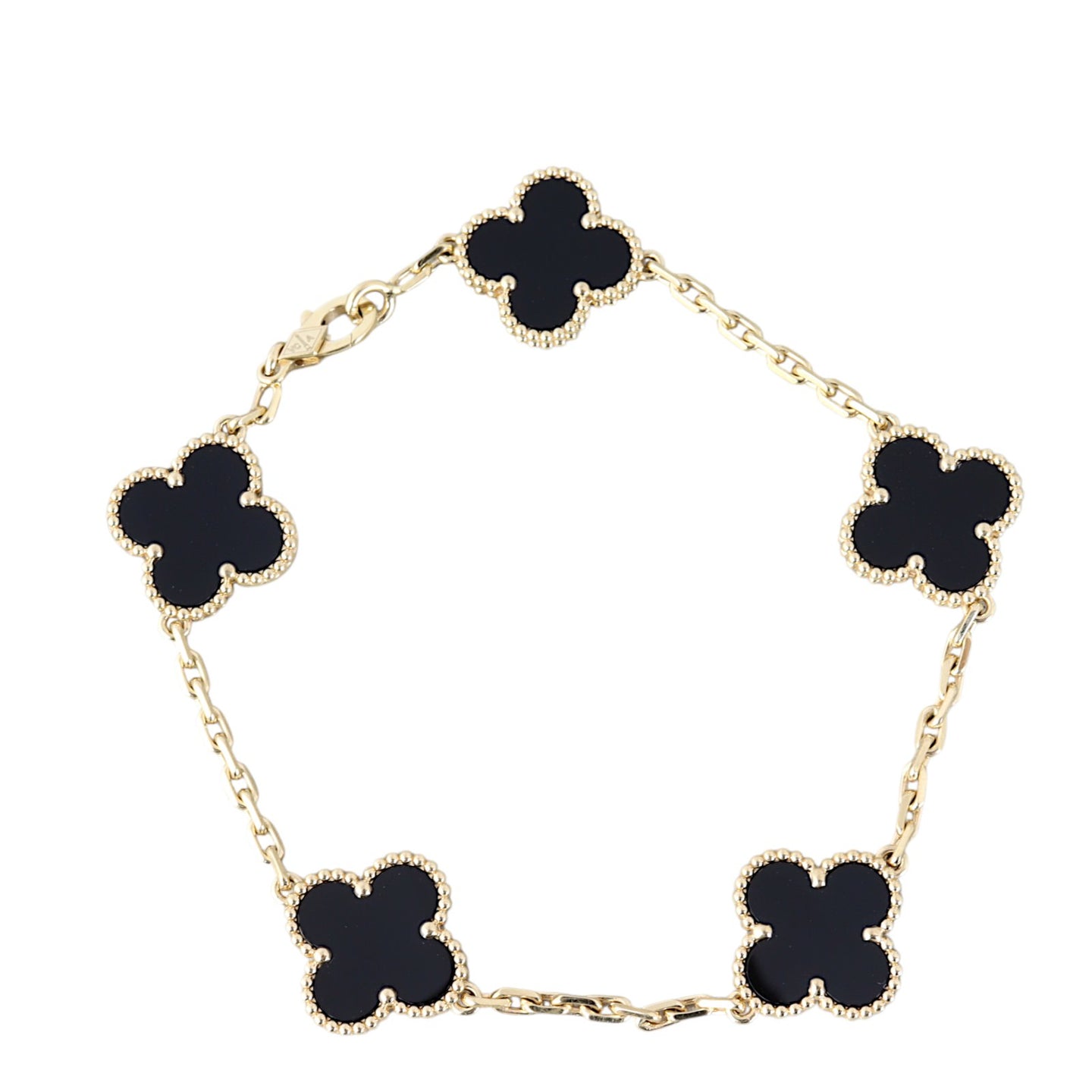 Van Cleef & Arpels Vintage Alhambra 5 Motif Onyx 18k Yellow Gold Bracelet