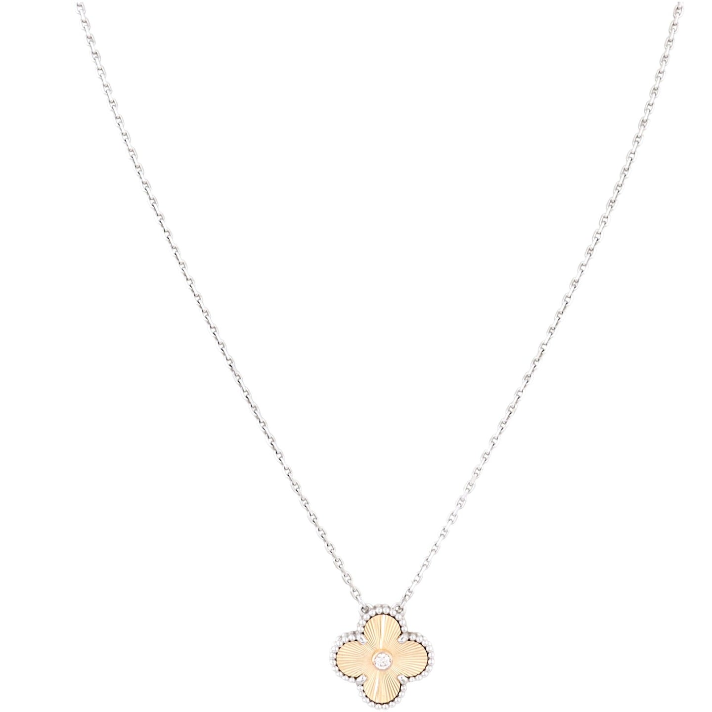 Van Cleef & Arpels Vintage Alhambra Guilloche Diamond 18k White & Rose Gold Necklace Limited Edition Holiday 2024_IMG_7756.jpg