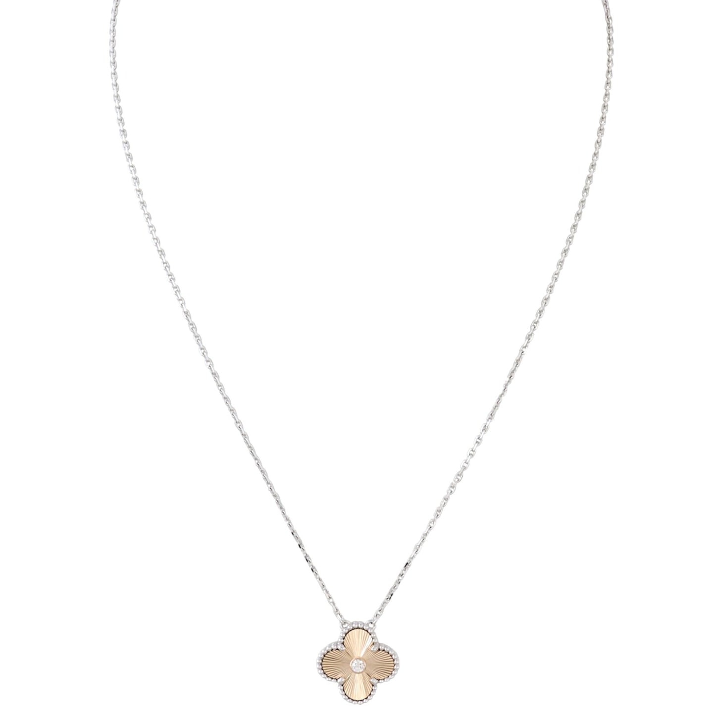 Van Cleef & Arpels Vintage Alhambra Guilloche Diamond 18k White and Rose Gold Necklace Limited Edition Holiday 2024_IMG_6008.jpg