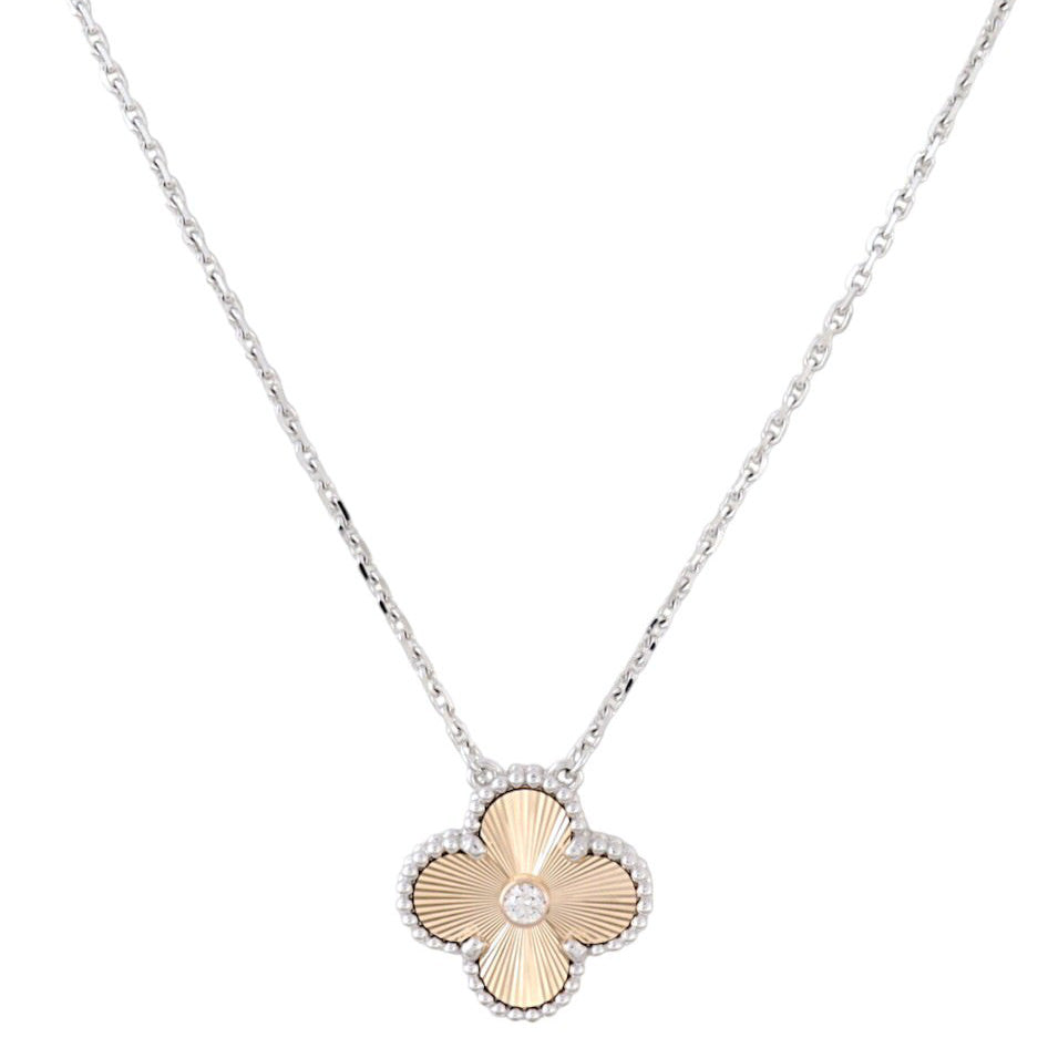 Van Cleef & Arpels Vintage Alhambra Guilloche Diamond 18k White & Rose Gold Necklace Limited Edition Holiday 2024