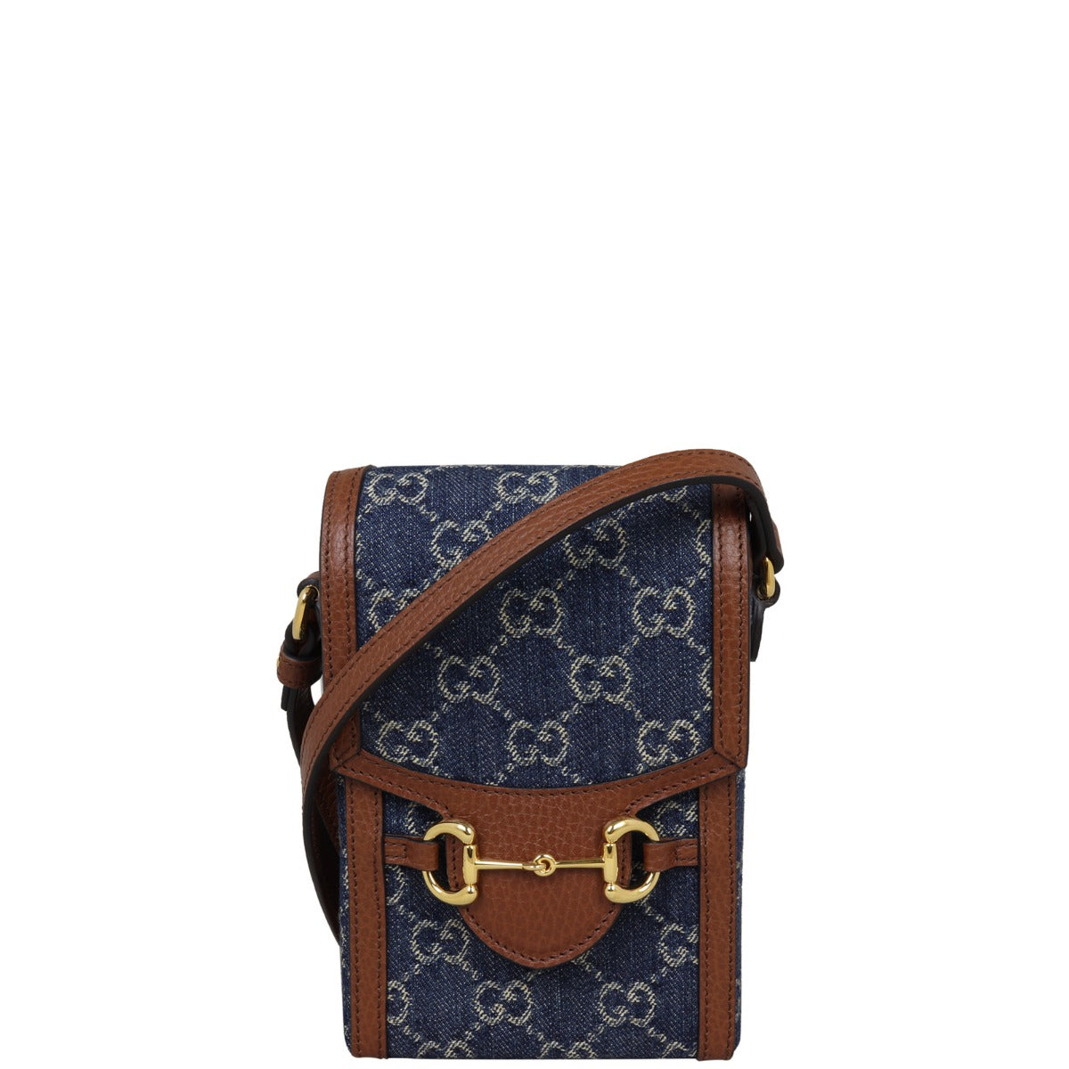 Gucci GG Denim Horsebit 1955 Mini Bag  Front with Strap