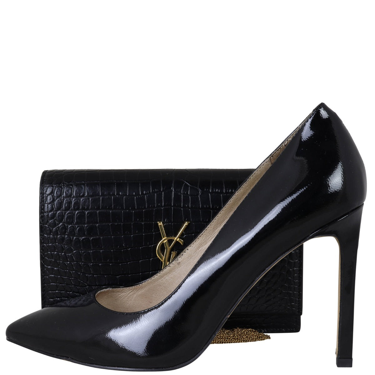 Saint Laurent Kate Tassel Chain Wallet Croc-Embossed Shoe