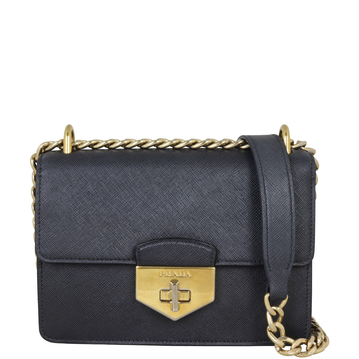 Prada Saffiano Turn Lock Chain Shoulder Bag Front with Strap
