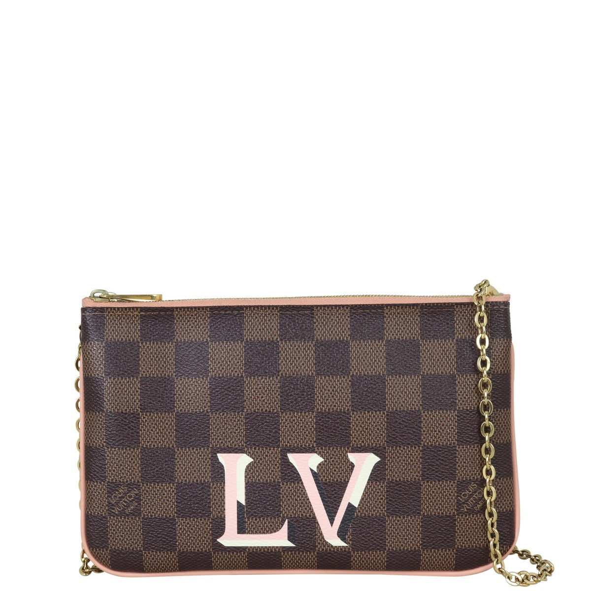 Louis Vuitton Double Zip Pochette Damier Ebene Front with Strap