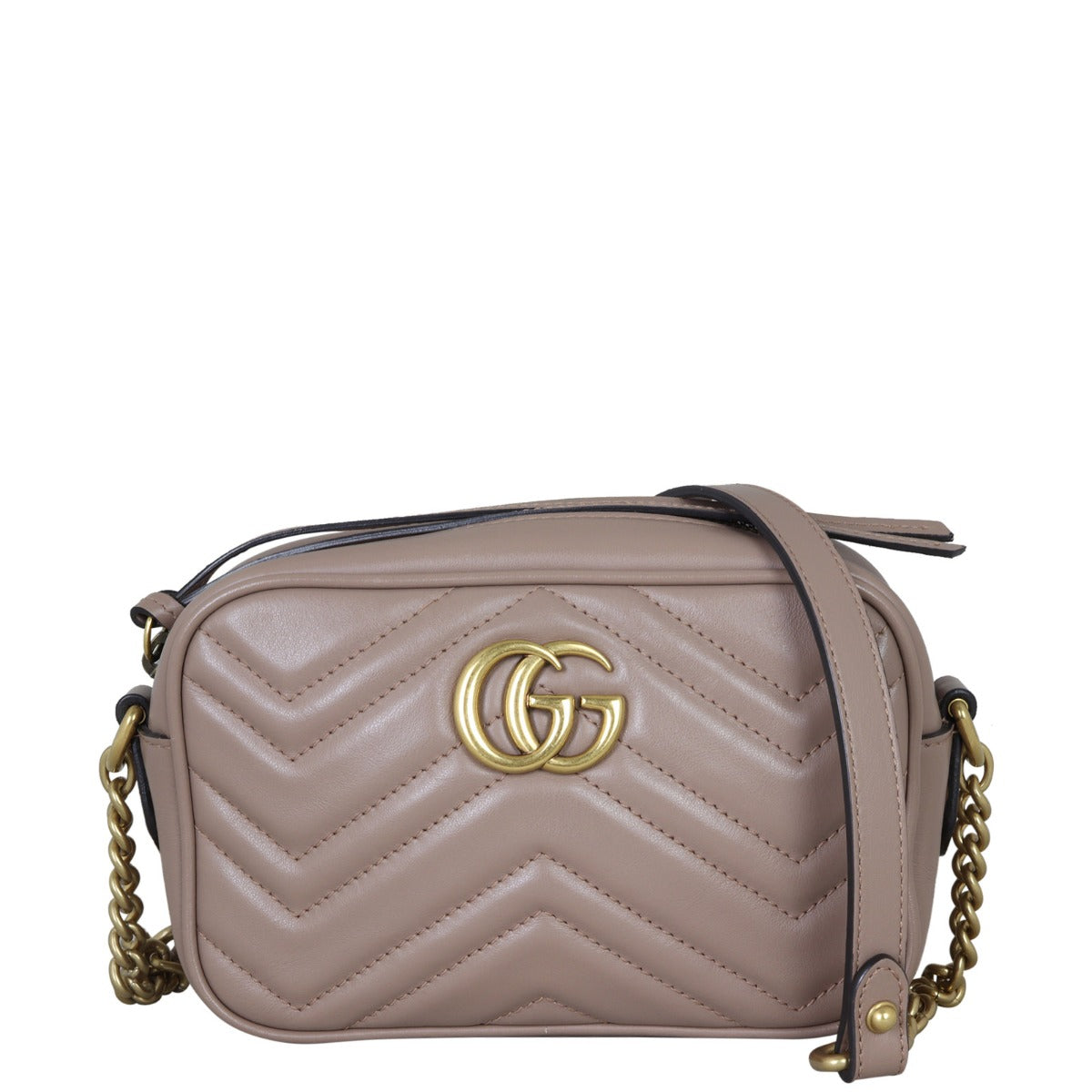 Gucci GG Marmont Mini Camera Bag (nude) Front Showing Strap