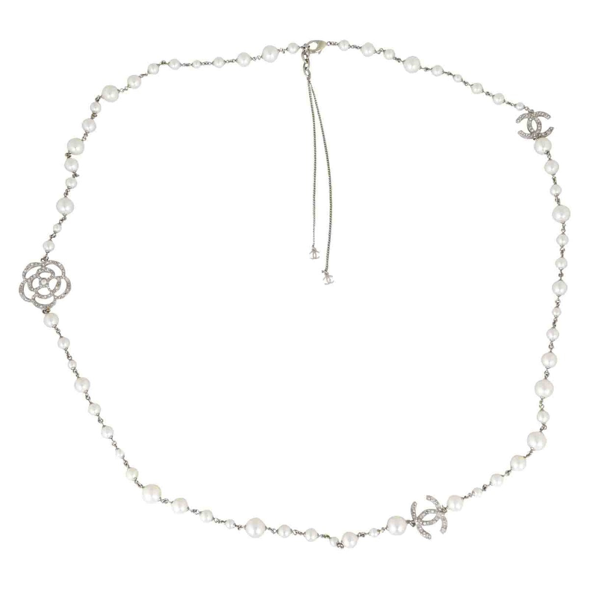 Chanel CC Logo Camellia Pearl Necklace 