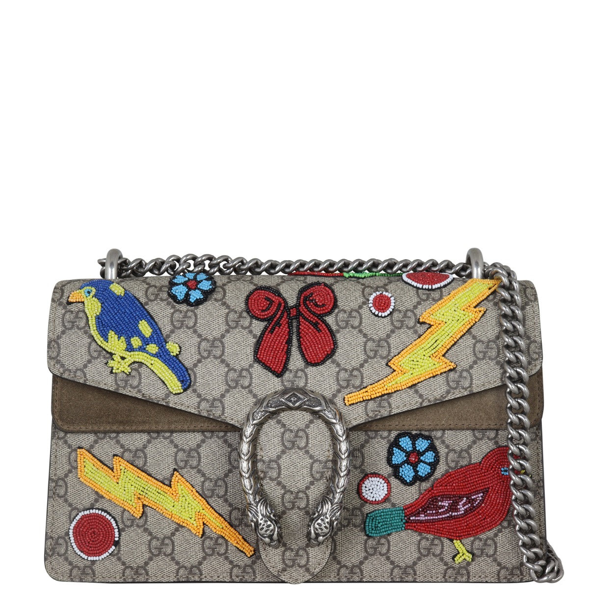 Gucci Dionysus GG Supreme Beaded Small Shoulder Bag Front With Chain