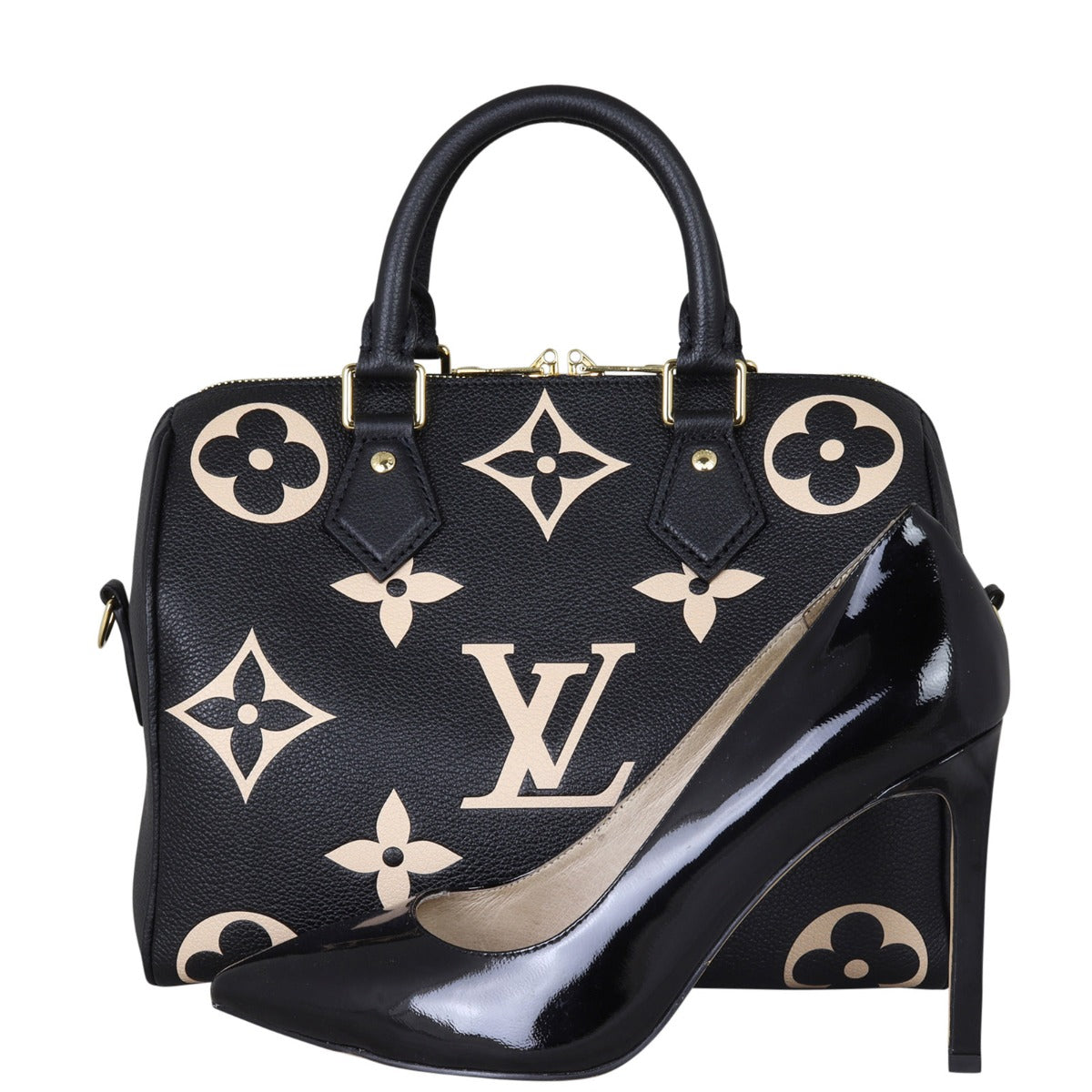 Louis Vuitton Speedy 25 Bandouliere Monogram Empreinte Giant Bicolour Front with Shoe