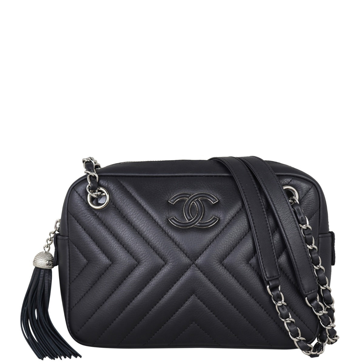 Chanel Diagonal Chevron Camera Bag Front With Strap